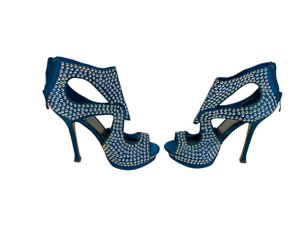 BEBE Cassandra Silver Studded Stilettos Heels Womens Size 8M Blue Peep Toe
